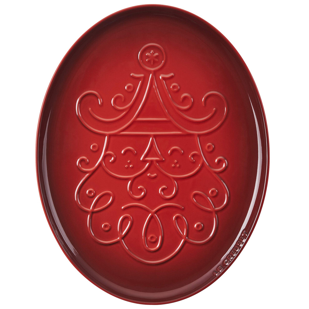 Le creuset Stoneware Noel collection: Oval Santa cookie Platter, 14 oz, cerise wEmbossed Design-image-OPC-PDPPTRQ-NEW