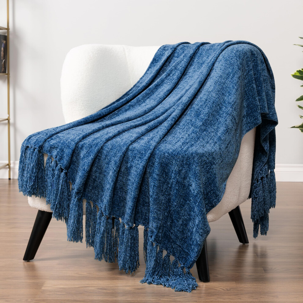 PAVILIA Couverture bleue en chenille pour canap   -lit, couverture en tricot doux avec pompon, couverture d   corative pour chaise de salon, bleu 50