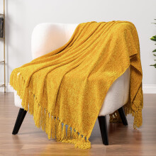 PAVILIA Mustard Yellow Throw Blanket for Couch, Chenille Blanket for Sofa Bed, Soft Knit Woven Gold Blanket with Tassel, Decorative Blanket for Chair