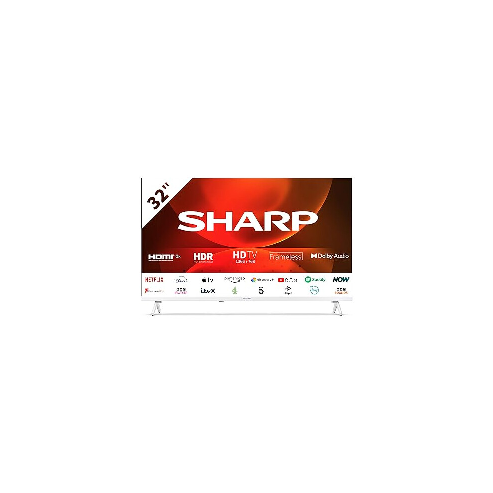 SHARP 32FH2KAW 32-Inch HD Ready Smart Frameless Android TV in White with Active Motion 400, Freeview Play