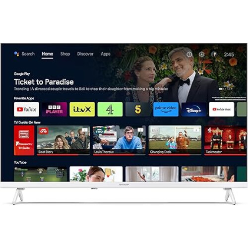 Sharp SHARP 32FH2KAW 32-Inch HD Ready Smart Frameless Android TV in White with Active Motion 400, Freeview Play 1