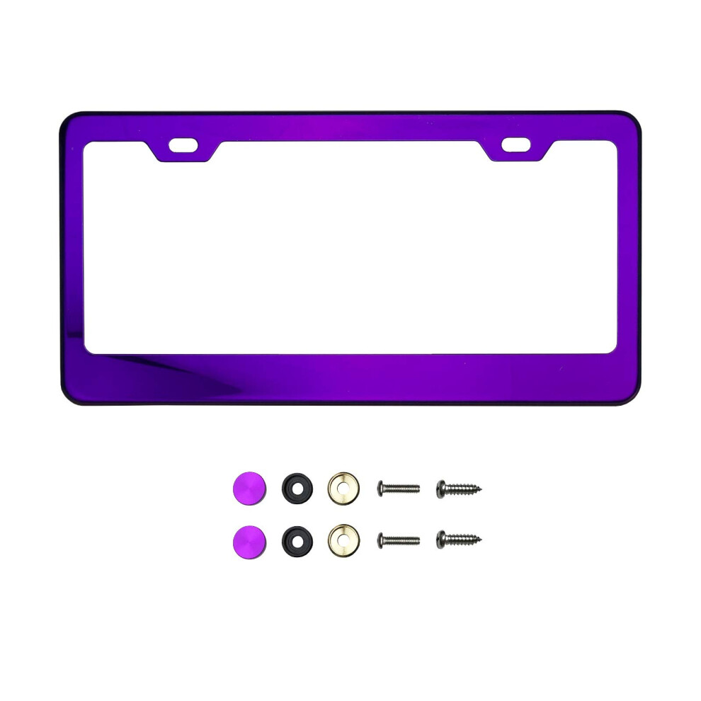 Chrome Mirror License Plate Frame T304 Stainless Steel Metal Screw Caps Purple 712784875810