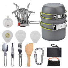 (As show, One size) Camping Cookware Kit Outdoor Camping Cookware Kit, Outdoor Picnic Cookware Set With Stove Stainless Steel Pots Folding Knife Fork Spoon For 1 To 2 Peo