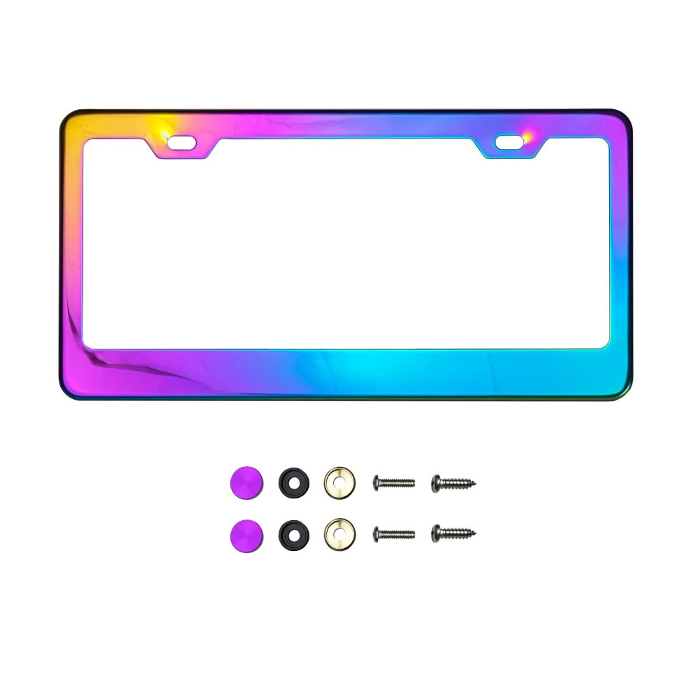 Neon Neo Chrome Mirror License Plate Frame T304 Stainless Steel + Metal Screw Caps 712784875872