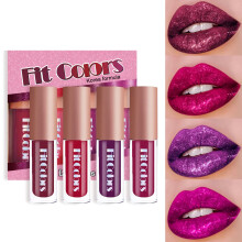 4 Colors Glitter Lipsticks Diamond Shimmer Metallic Lip Stick Set Kit Long Lasting, Purple Red Matte to Glitter Sparkle Sparkly Glossy Liquid Lipstick