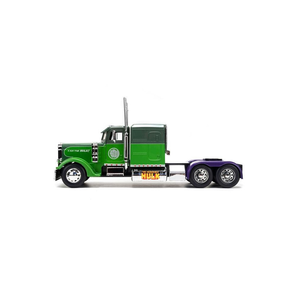 Jada 35179 Diecast Model Truck Tractor With The Incredible Hulk Marvel Avengers Series For 1992 Peterbilt 379 - Two-Tone & Green/Purple