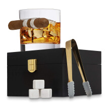 Godinger Zigarren-Whiskey-Glas-Geschenkbox-Set aus Holz mit altmodischen Glas-Khl-Whiskey-Steinen und Zangen-Bar-Set