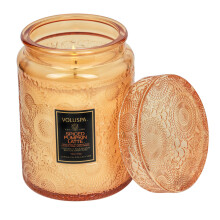 Voluluspa Spiced Pumpkin Latte Candle | 18 oz | Grand pot en verre avec couvercle en verre | Toutes les meches naturelles et la cire de noix de c
