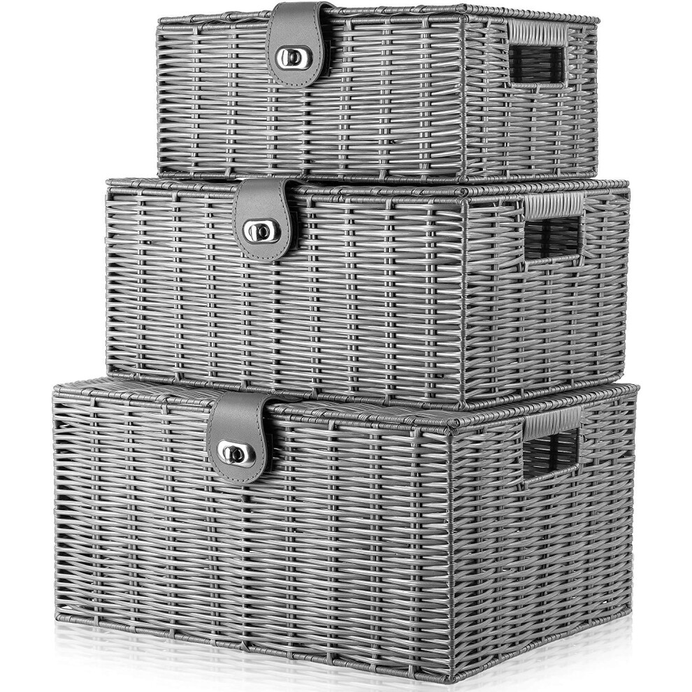 Homepeaz Set of 3 Woven Storage Basket Bin Wicker Hamper Stackable Box