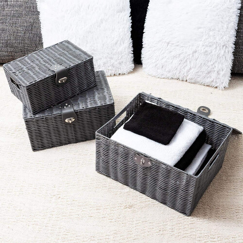 Homepeaz Set of 3 Woven Storage Basket Bin Wicker Hamper Stackable Box 1
