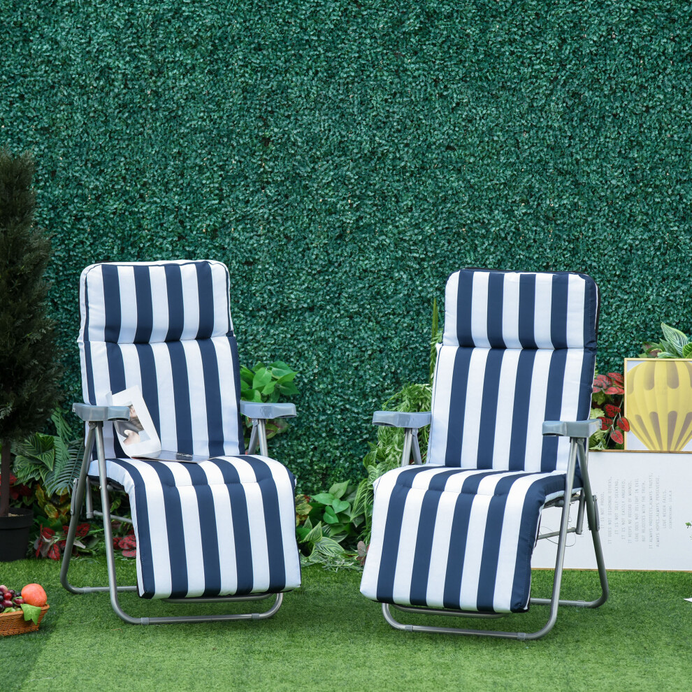 Outsunny Set of 2 Folding Sun Lounger Recliner Chairs Daybed Cushion Blue White