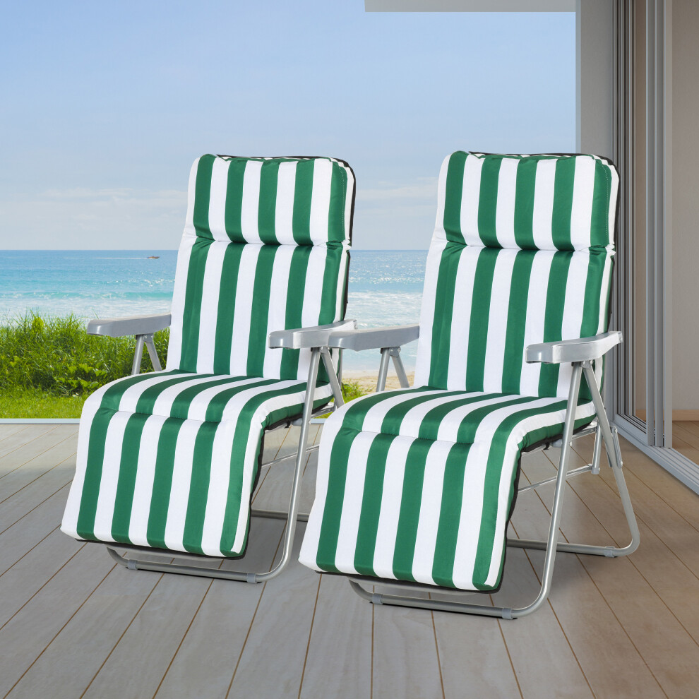 Outsunny Set Of 2 Folding Sun Lounger Recliner Chairs Daybed Cushion Green White White,Green