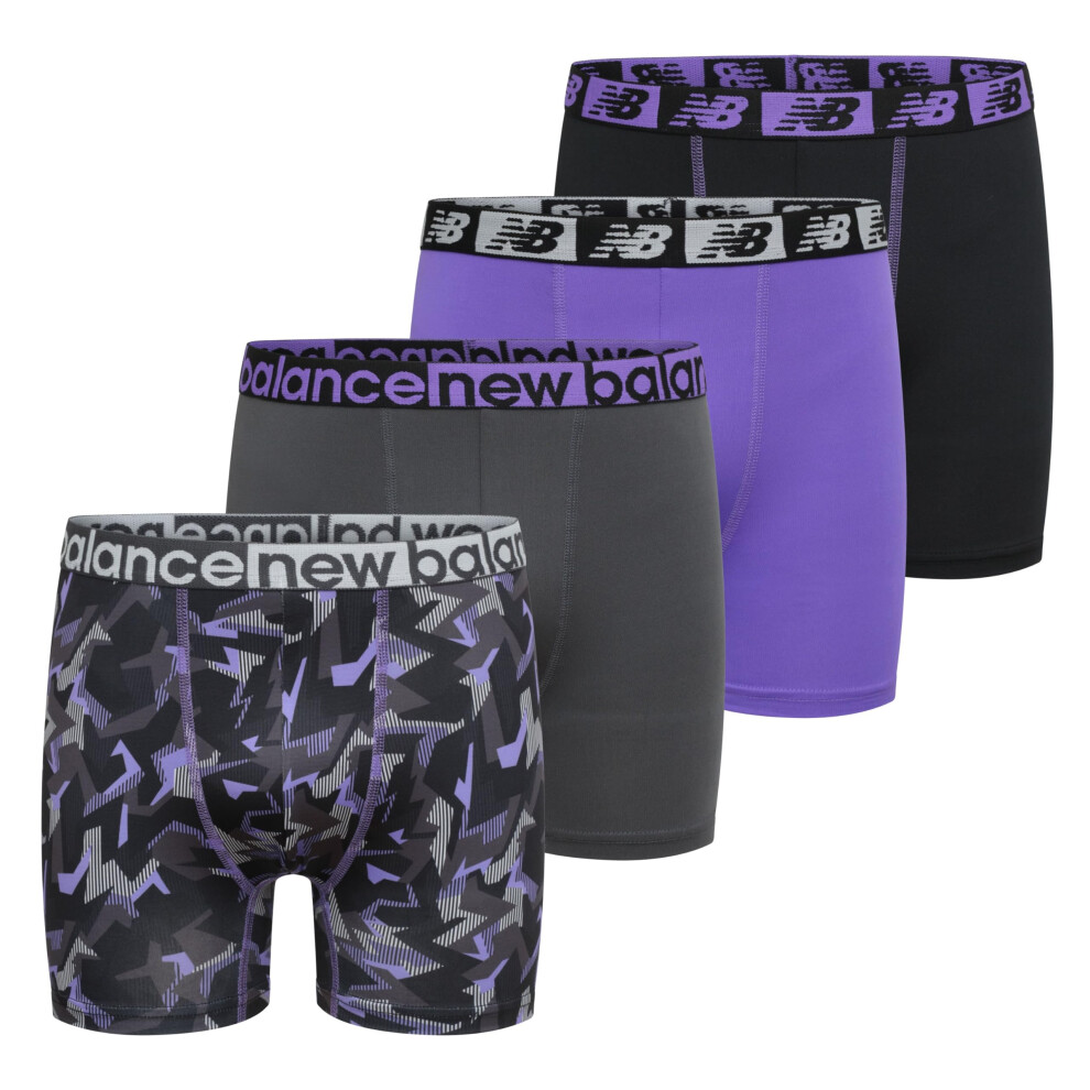 New Balance Boys' 3.5 Underwear Performance Boxer Briefs (4 Pack) White/Hi-Lite/Black/Hi-Lite Print X-Small