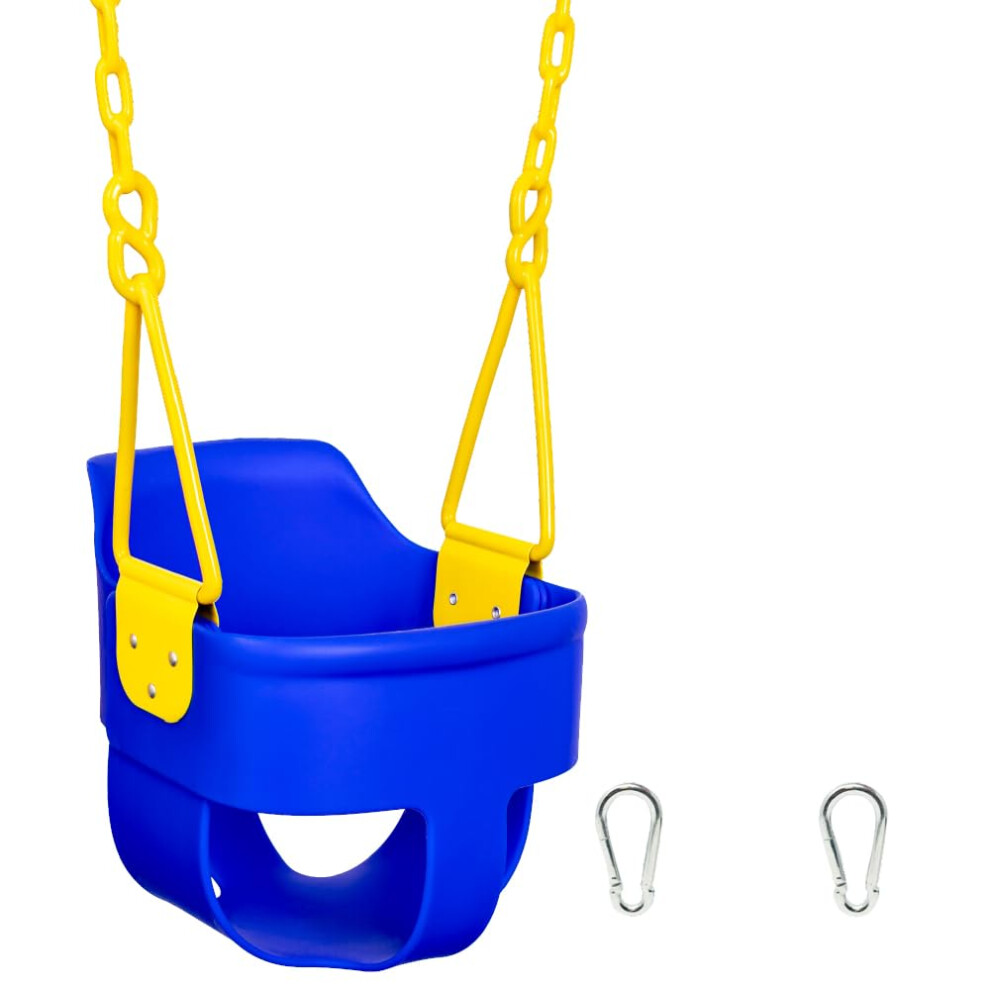 Premium High Back Full Bucket Toddler Swing Seat With Finger Grip Plastic Coated Chains For Safety And Carabiners For Easy Install - Blue Squirrel Products