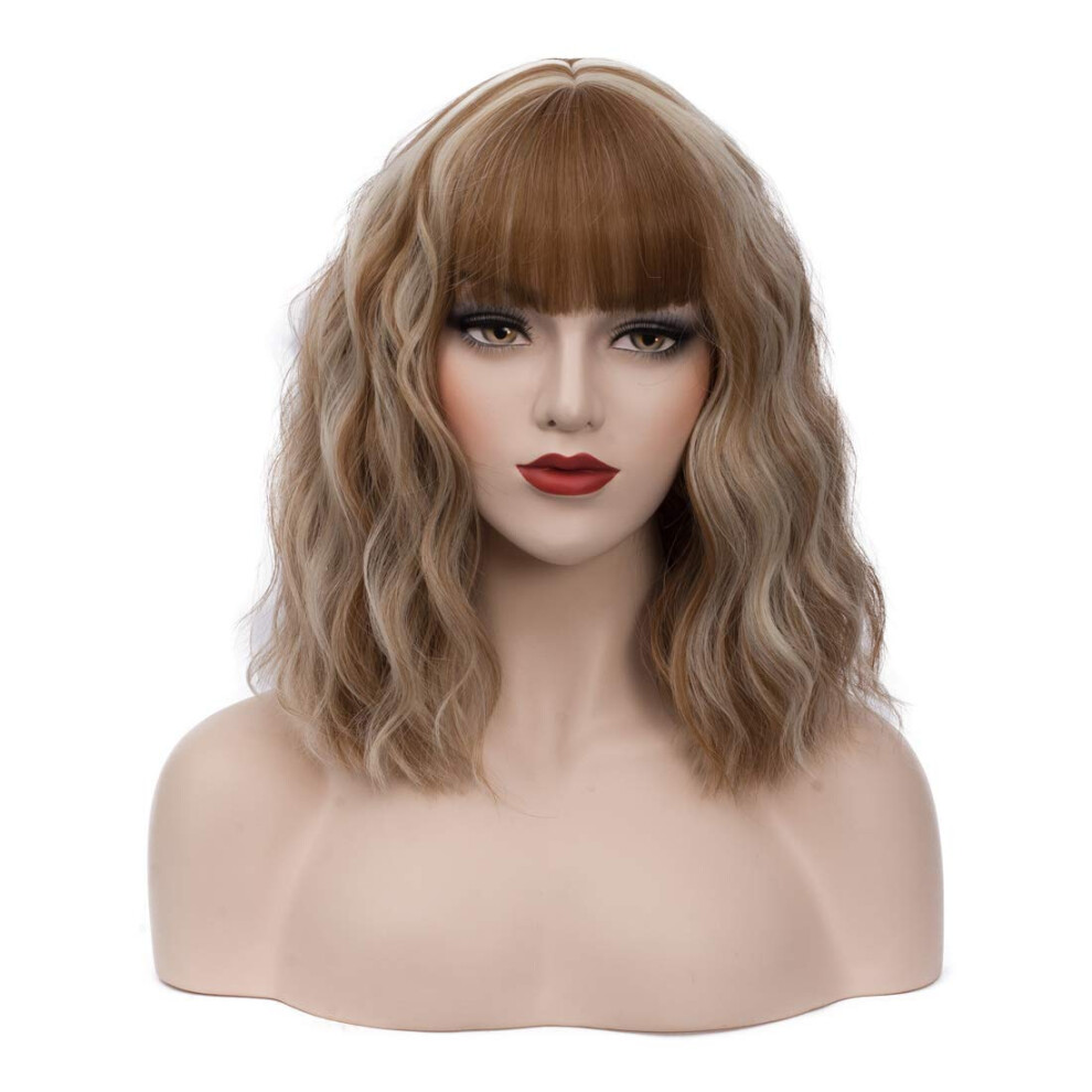 Bufashion Unisex Brown 14"" Women Short Wavy Curly Wig Blonde Bob Wig Cosplay Halloween Synthetic Wigs With Neat Bang Wig With Free Wig Cap (Blonde