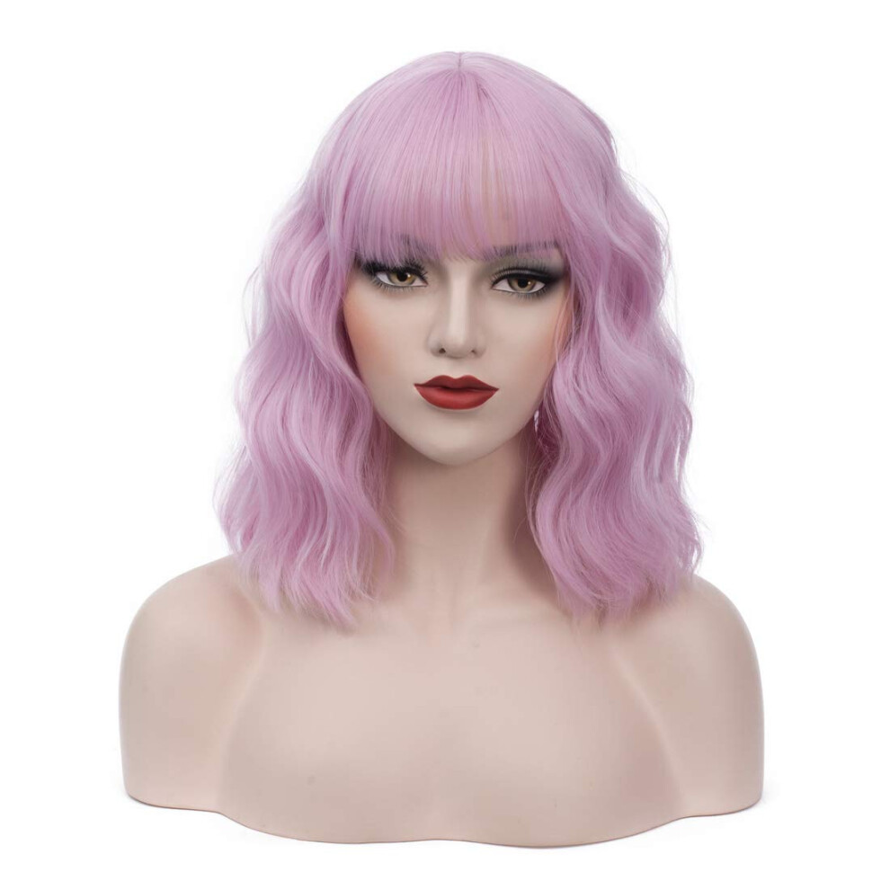 Bufashion Unisex Pink 14"" Women Short Wavy Curly Wig Bob Wig Cosplay Halloween Synthetic Wigs With Neat Bang Wig With Free Wig Cap ( 1)