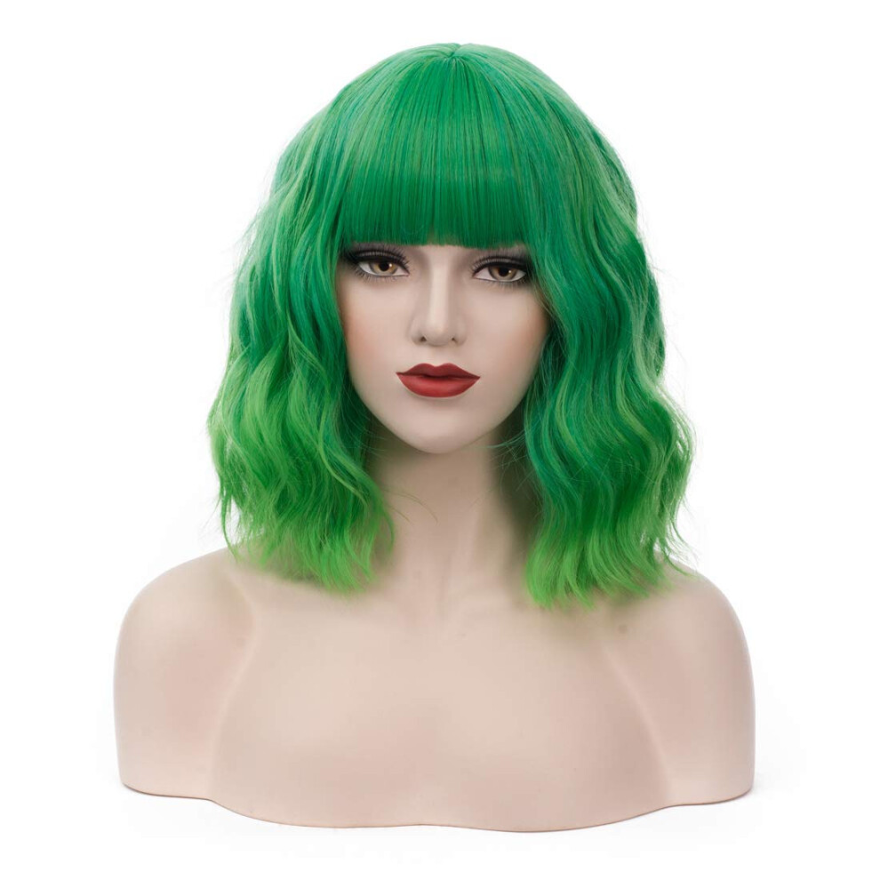 Bufashion Unisex Green 14"" Women Short Wavy Curly Wig Ombre Bob Wig Cosplay Halloween Synthetic Wigs Neat Bang Wig With Free Wig Cap (Ombre )