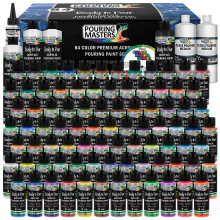 Pouring Masters 84 cores prontas para derramar conjunto de tinta acrlica com leo de silicone e brilho mdio - Garrafas de 2 onas pr-misturada