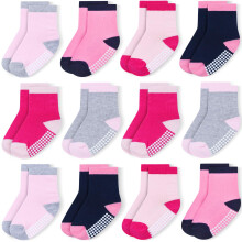 JAKIDAR Lot de 12 paires de chaussettes pour b b en coton pour tout-petits, chaussettes antid rapantes pour enfants, roses, 2-4 ans