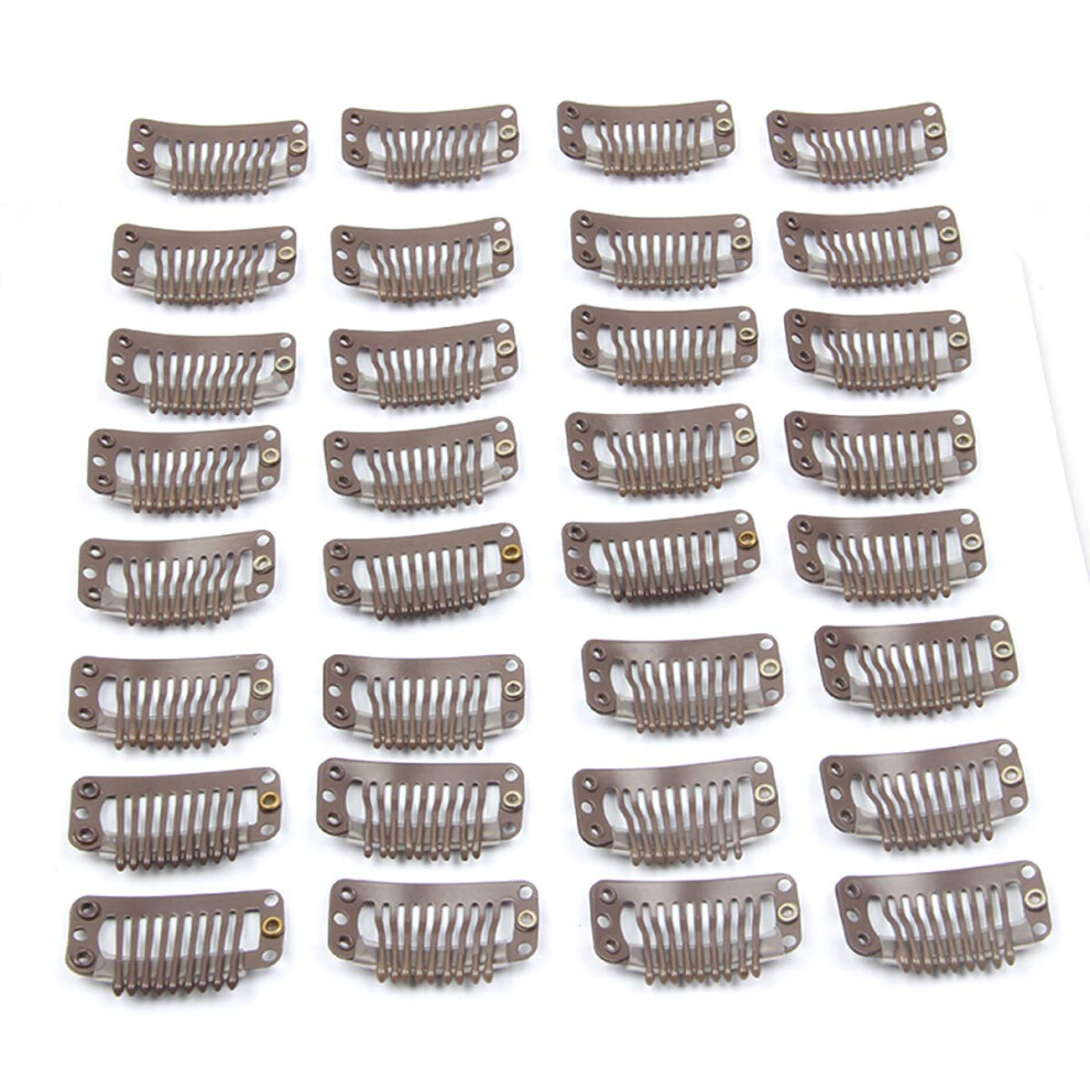Jffx Unisex Brown 20Pcs Metal Snap Clips For Hair Extensions Diy Clip In On Hair Wigs Clip 9 Teeth 32Mm 1.2G/Pc Dark Color ( - Dark )