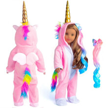 Söta Dolly 18 Tum Dockkläder Enhörning Onesie Pyjamas Regnbågsfärgade Hårklämmor Passar 18 Tum Docka