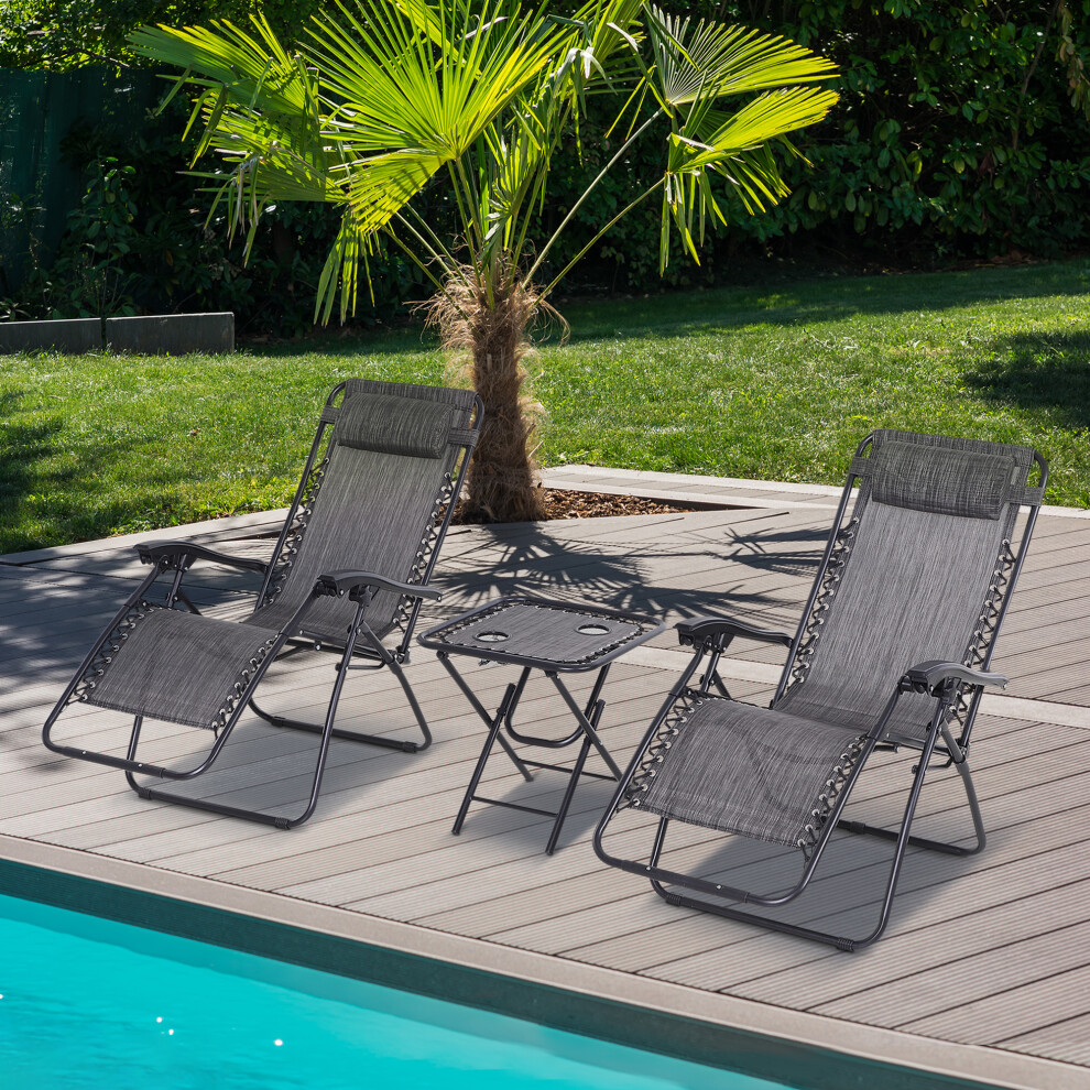 Outsunny 3PC Zero Gravity Chairs Sun Lounger Table Set W/ Cup Holders Light Grey