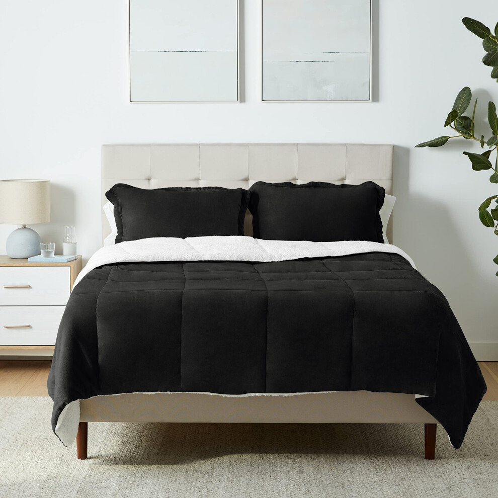 Parure de lit 3 pi   ces Amazon Basics, Micromink Sherpa, couette ultra douce et chaude toutes saisons, lit double/queen size, noir, uni