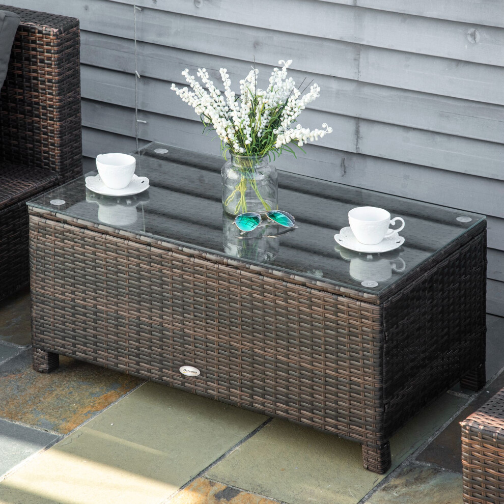 Outsunny Garden Rattan Side Table,Wicker Coffee Desk, Glass Top, Mixed Brown-image-OPC-P5NXJQV-NEW