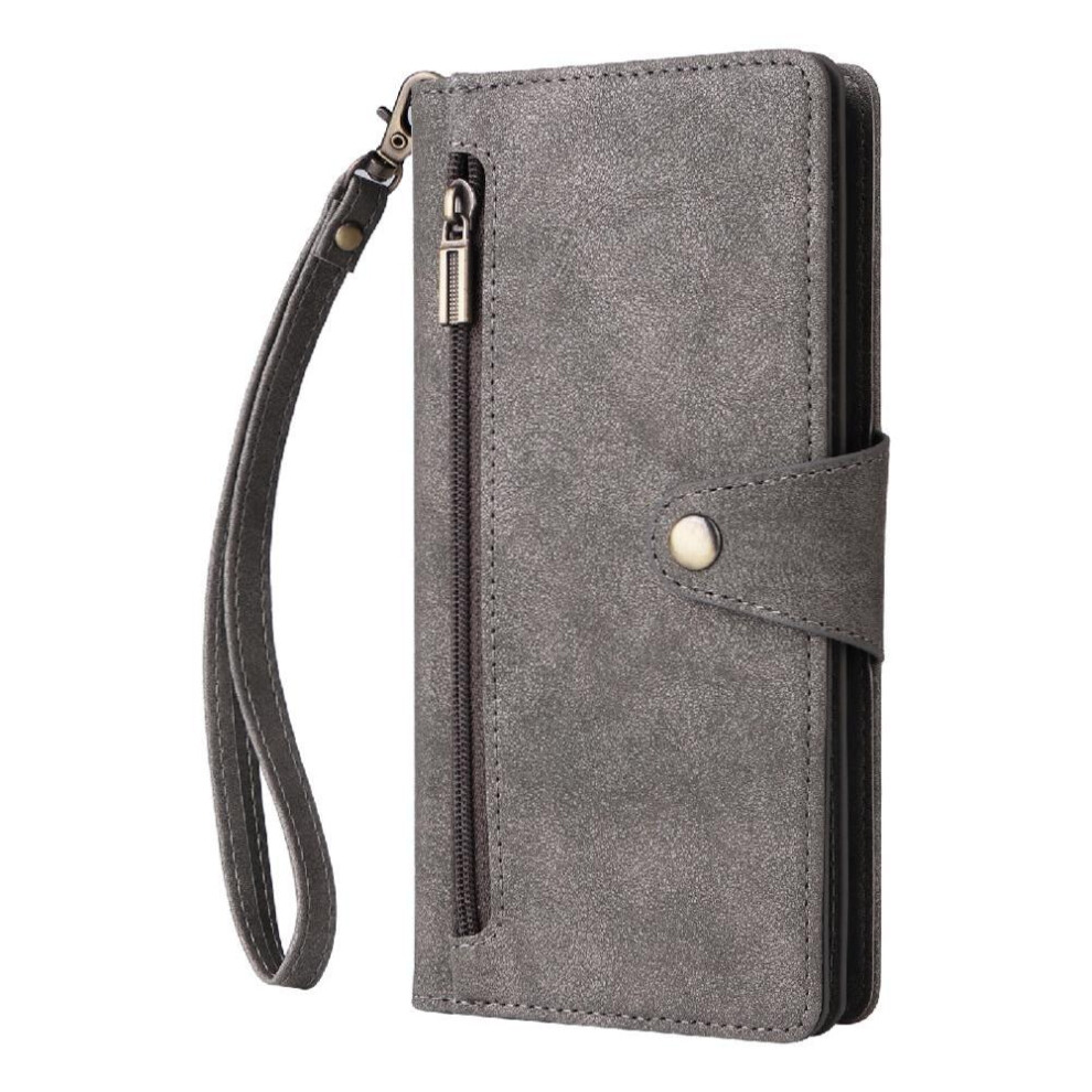 ( ) Case For Google Pixel 9A Magnetic Leather With Hand Strap Card Holder Zipper Wallet Cover Gray 764490290098