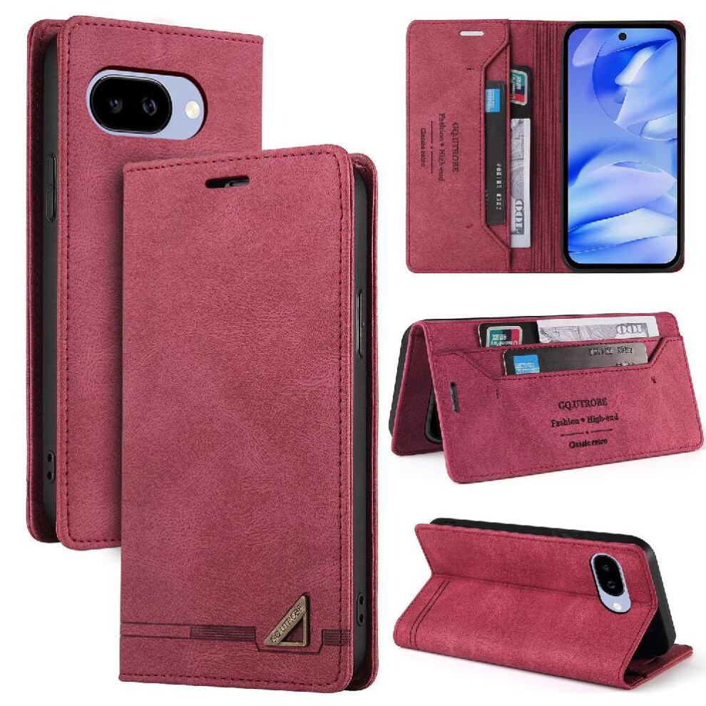 (Red) Case For Google Pixel 9A Two Card Slots Premium Leather Kickstand Premium Leather Red 764490290142