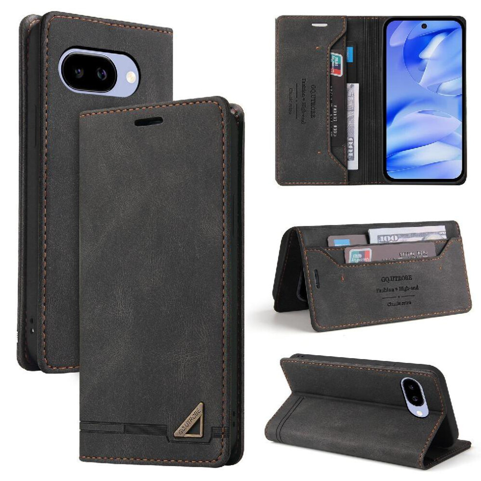 (Black) Case For Google Pixel 9A Two Card Slots Premium Leather Kickstand Premium Leather Black 764490290135