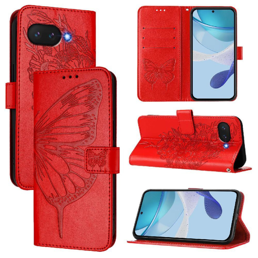 (Red) Case For Google Pixel 9A Embossing Butterfly Flip Cover Magnetic Premium Leather Red 764490290432
