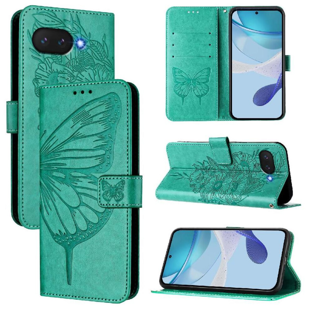 (Green) Case For Google Pixel 9A Embossing Butterfly Flip Cover Magnetic Premium Leather Green 764490290463