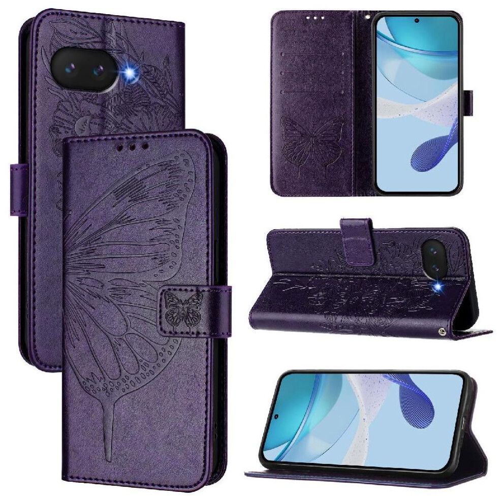 ( Violet) Case For Google Pixel 9A Embossing Butterfly Flip Cover Magnetic Premium Leather Dark 764490290494