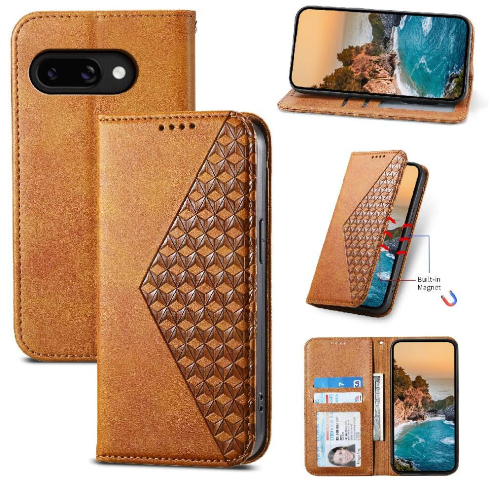 (Khaki ) Flip Case for Google Pixel 9a Stand Wallet Rhombus Shape Hand Strap Daily Use
