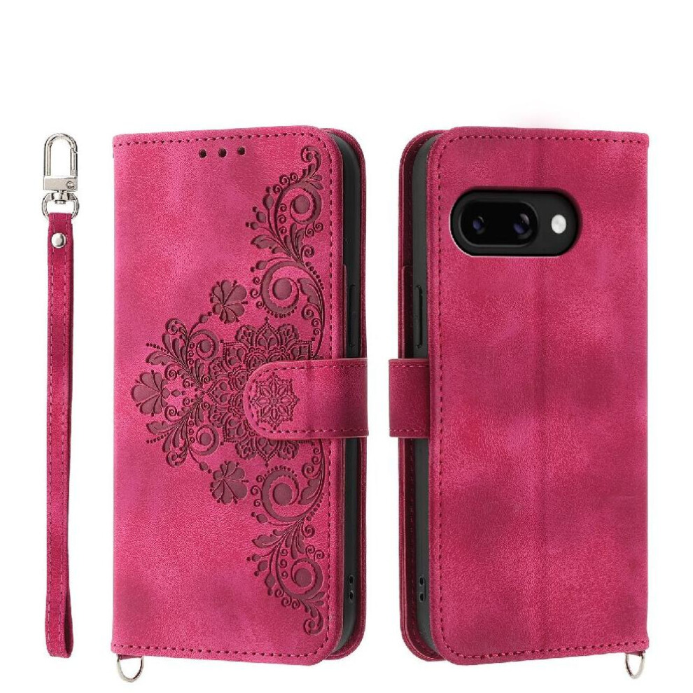 (Red) Flip Case For Google Pixel 9A Multiple Credit Card Slots Shockproof Embossed Wristband Red 764490291194