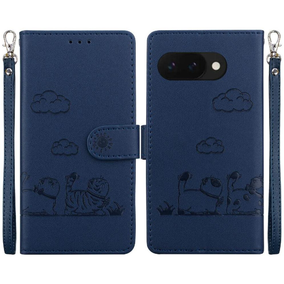 (Blue) Flip Case For Google Pixel 9A Card Slot Holder Kickstand Leather Wallet Cat Rfid Blue 764490291712