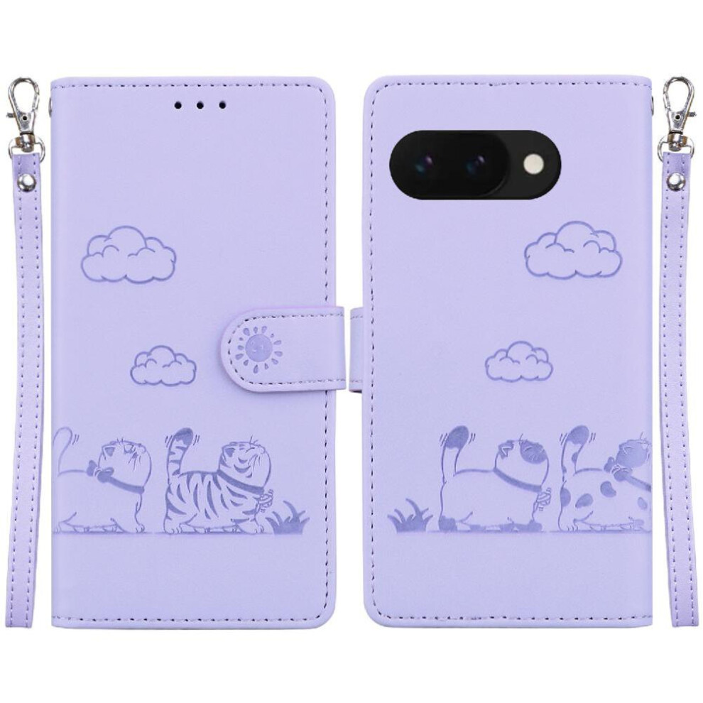 (Purple) Flip Case For Google Pixel 9A Card Slot Holder Kickstand Leather Wallet Cat Rfid Purple 764490291699