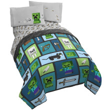 Jay Franco Minecraft Chibi College 5 Piece Full Bed Set - Includes Reversible Comforter & Sheet Set - Bedding Features Creeper & Ghost - Super Soft F