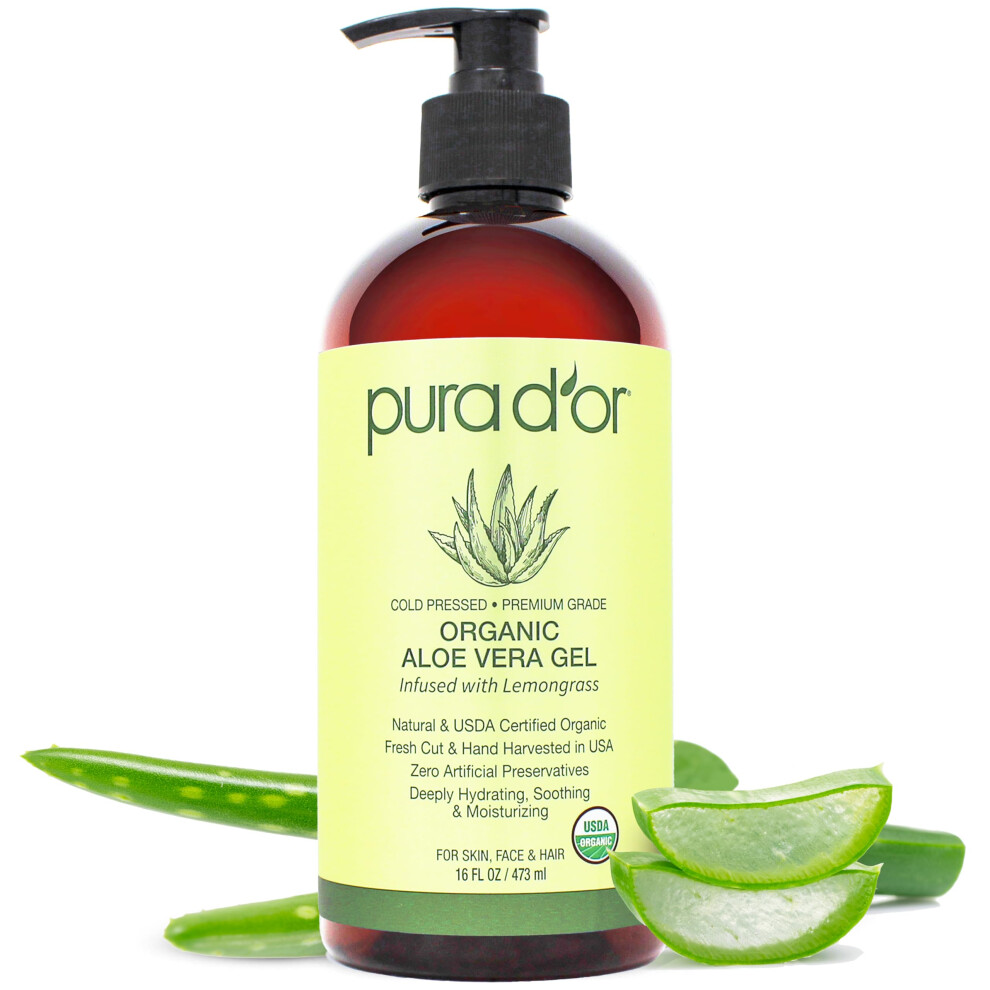 Pura D'or 16 Oz Organic Aloe Vera Gel Lemongrass All Natural Zero Artificial Preservatives Deeply Hydrating & Moisturizing Sunburn