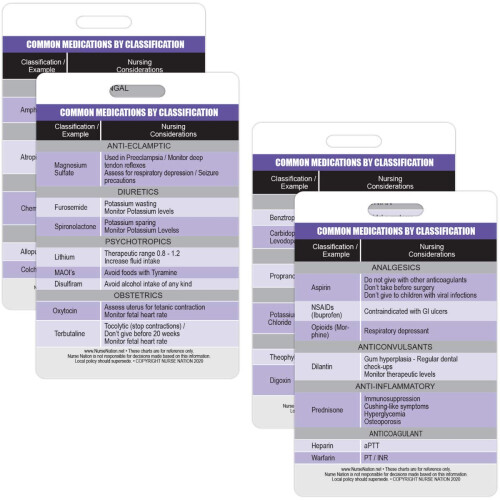 Common Medications by Classification Reference Vertical Badge Cards -