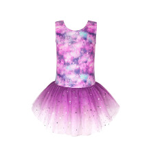 Vestito da ginnastica per bambini con gonna, body viola, nuvole, galassia, fantasia