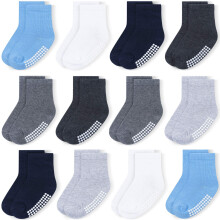 Jakidar 12 par Baby Socks Cotton Crew Toddler Socks Grips Non Slip Bottom Kids Socks Blue 12-24m