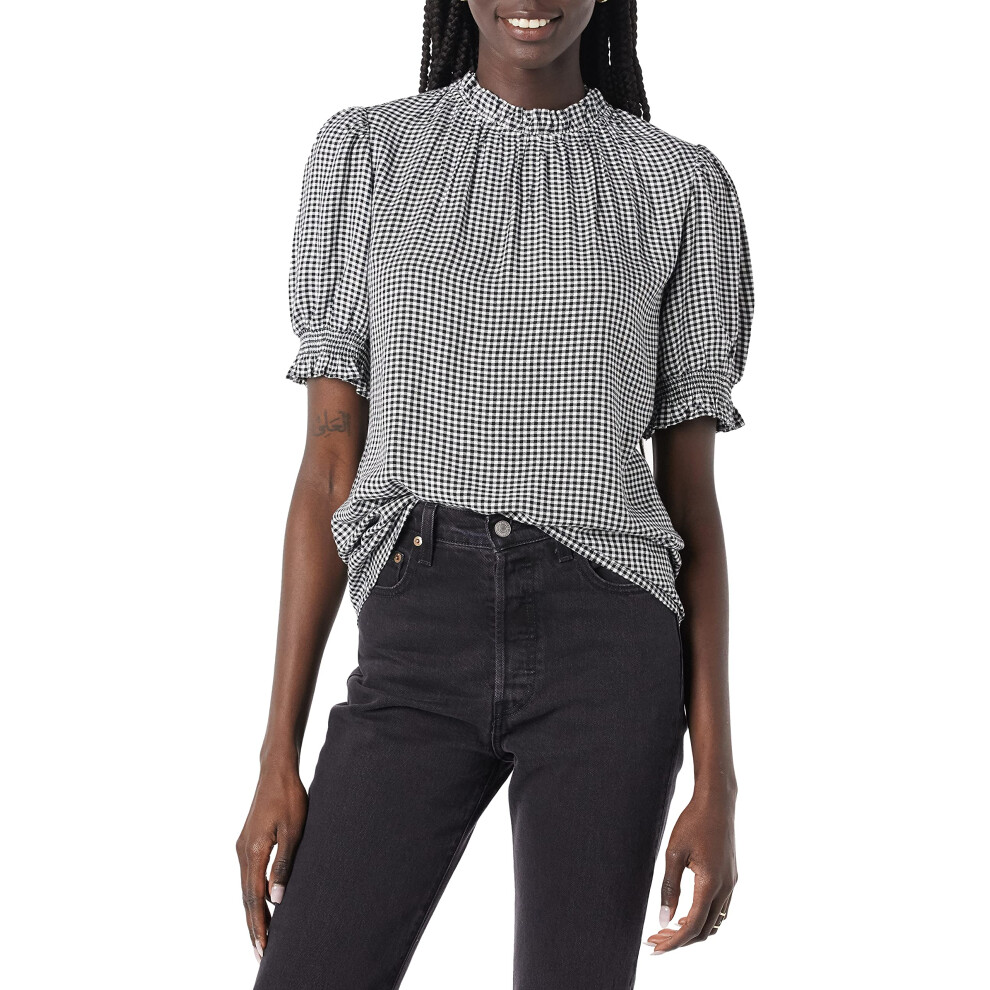 Chemise     manches courtes bouffantes en serg    fluide pour femme Amazon Essentials Noir/blanc     carreaux vichy X-Small