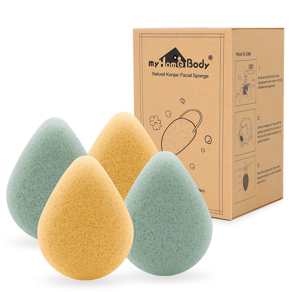 Myhomebody Natural Konjac Facial Sponges - Teardrop Shape - For Gentle Face Cleansing And Exfoliation - With Turmeric And Aloe Vera, 4Pc Set