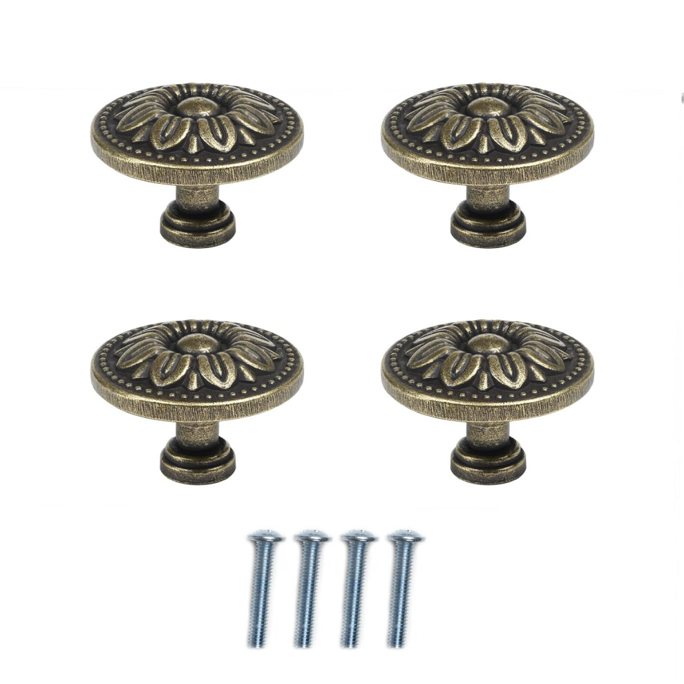 Lot de 4 boutons vintage antiques pour tiroirs de commode, boutons en forme de fleur, boutons ronds en métal bronze, poignée à trou unique en for