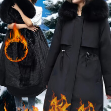 (Black, 12/14) Women's Autumn/Winter Parka - Slimming Drawstring, Detachable Faux Fur Trim Hood, Thick Fleece-Lined Warmth