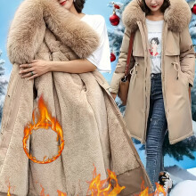 (Beige, 12/14) Women's Autumn/Winter Parka - Slimming Drawstring, Detachable Faux Fur Trim Hood, Thick Fleece-Lined Warmth