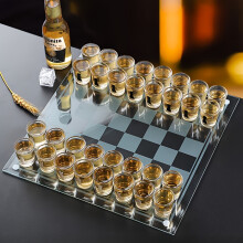 (1set-chess) 1 Set Chess-Themed Drinking Game: 32 Acrylic Glass Shot Glasses, 14.11oz - Durable, Clear, Burr-Free Glasses for Party Bar Entertainment