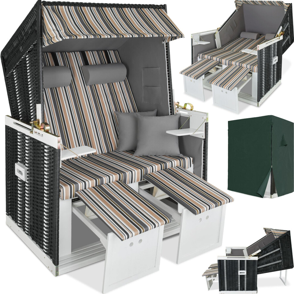(black/grey/brown) Wicker Chair Outdoor Beach Sunbed with Pillows Roofed Recline Sun Lounger